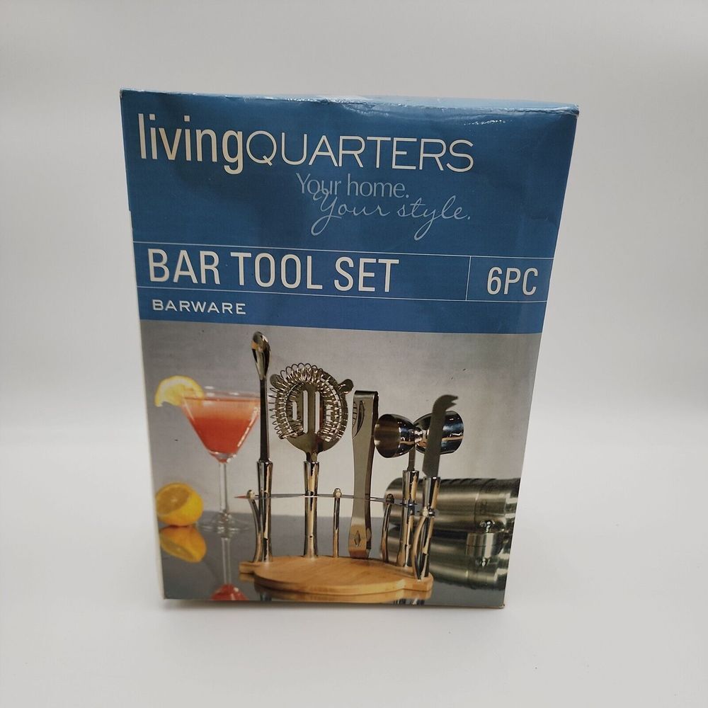 Vintage Living Quarters 6 piece Bar Tool Set Bamboo Board Stainless steel